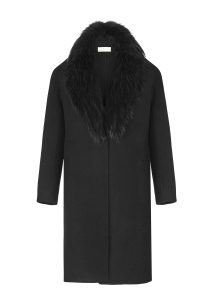 Cashmere wool coat black women coocoomos natural fox fur paltas moteriškas kašmyras vilna natūralus lapės kailis juodas